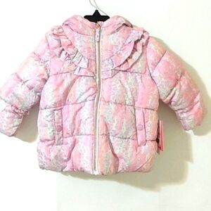 WIPPETTE GIRLS RAINBOW CHEETAH QUILTING HOODED RUFFLE TRIM PUFFER COAT SZ 2T NWT